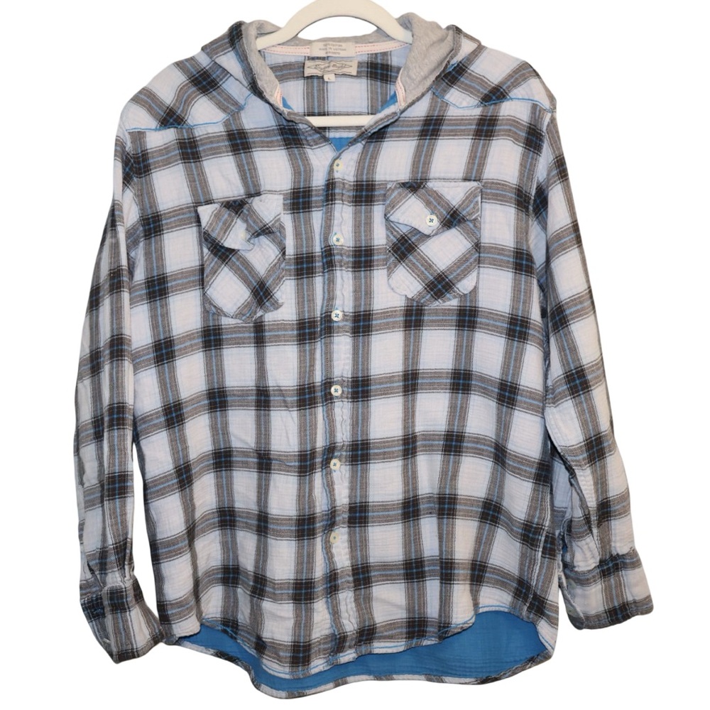 Cotton lightweight hooded‎ flannel. Women's large. 100% cotton. Navy blue & grey - Picture 3 of 6